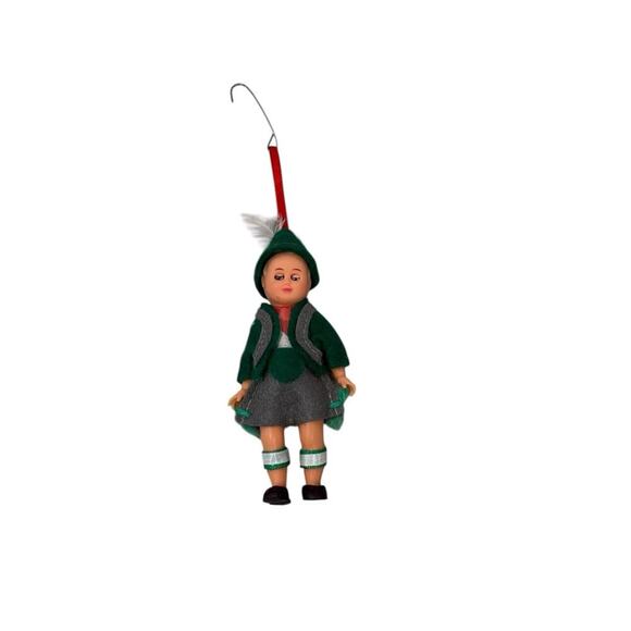 Vintage German Doll Ornament With Tiny Blinking Eyes Green Velvet Christmas - Picture 1 of 4